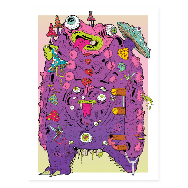BINAU "BBFF" limited edition fine art print featuring a pink psychedelic character with mushrooms and eyes available at Because Art Matters