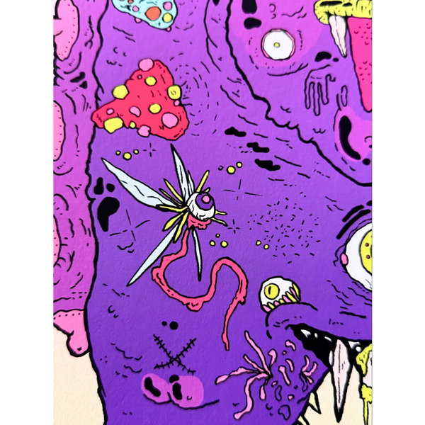 Detail of BINAU "BBFF" artwork displaying the flying insect, red mushrooms, and line art