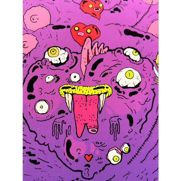 Close-up detail of BINAU "BBFF" print showing the heart-shaped face, tongue, and eyeball details