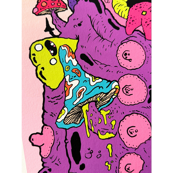 Detail view of BINAU "BBFF" limited edition print featuring the small yellow character and mushroom texture