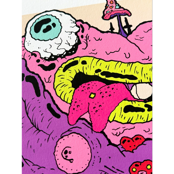 Detail of BINAU "BBFF" artwork displaying the flying insect, red mushrooms, and line art