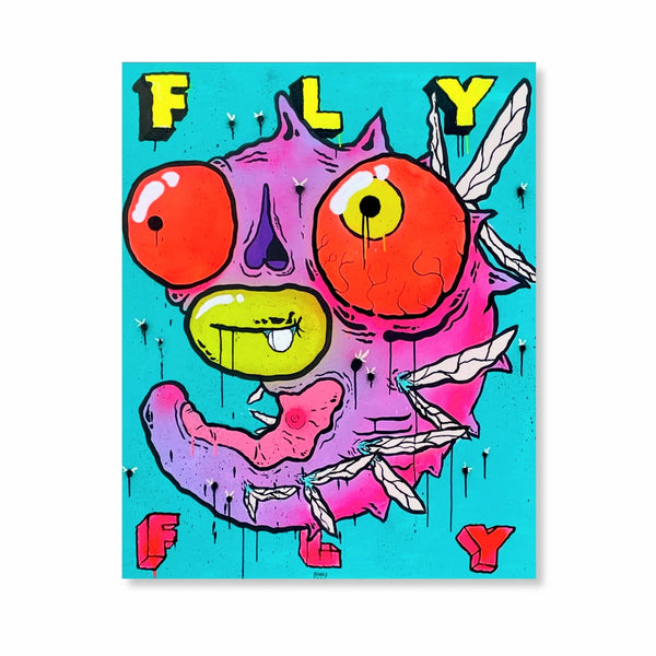 Pintura original 'Fly' de Binau. Acrílico sobre tela, disponível na galeria Because Art Matters. Obra de arte contemporânea com estética urbana e traços expressivos característicos do artista.