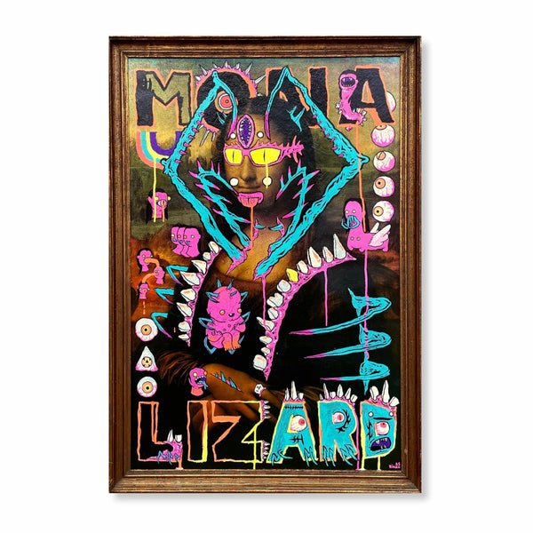 Pintura original 'Mona Lizard' de Binau. Acrílico sobre impressão vintage emoldurada, disponível na galeria Because Art Matters.