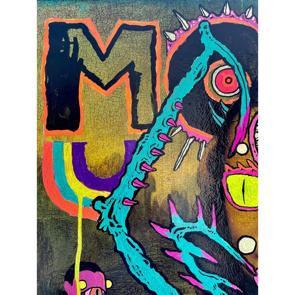 Vista de detalhes da pintura original 'Mona Lizard' de Binau. Pormenor em técnica de paintover sobre suporte preexistente, disponível na galeria Because Art Matters, demonstrando a textura e as camadas da obra.