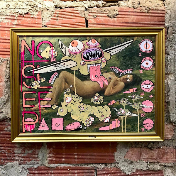 Pintura original 'No Sleep' de Binau. Obra em técnica de paintover (pintura sobre suporte preexistente), disponível na galeria Because Art Matters.