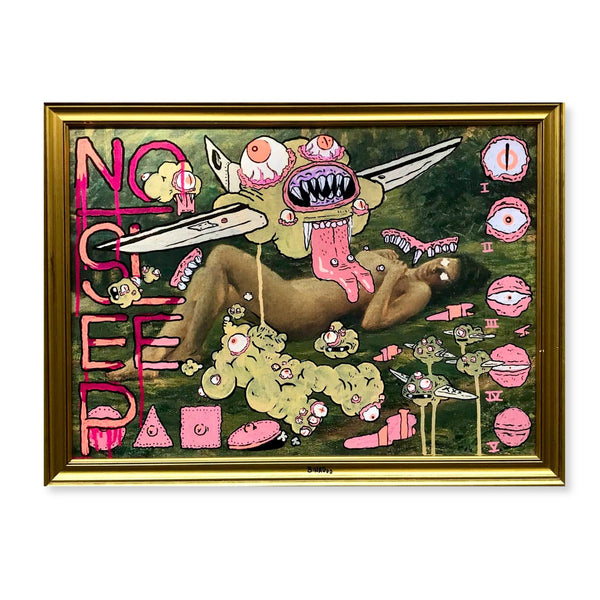 Pintura original 'No Sleep' de Binau. Obra em técnica de paintover (pintura sobre suporte preexistente), disponível na galeria Because Art Matters.