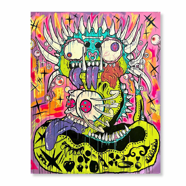 Pintura original 'The Collector' de Binau. Acrílico sobre tela, disponível na galeria Because Art Matters. Obra de arte contemporânea com a linguagem visual urbana e personagens características do artista.