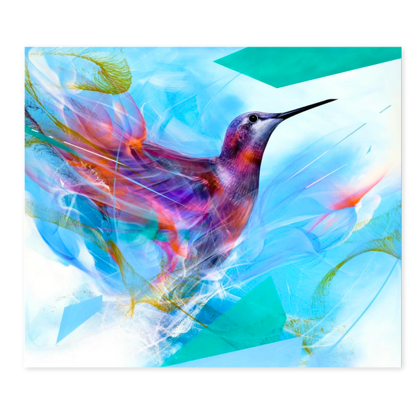 L7Matrix "CYAN 1" limited edition fine art print on Hahnemühle paper featuring a hummingbird set against vibrant cyan and red aerosol textures available at Because Art Matters