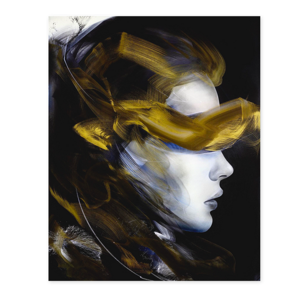 L7Matrix "Exodus3" limited edition fine art print on Hahnemühle paper featuring soft profile portraiture with dynamic gold and grey aerosol motion available at Because Art Matters
