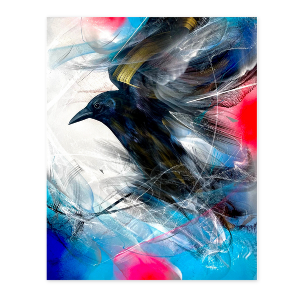 L7Matrix "Ventis" limited edition fine art print on Hahnemühle paper featuring a detailed crow amidst vibrant blue and red abstract spray paint available at Because Art Matters
