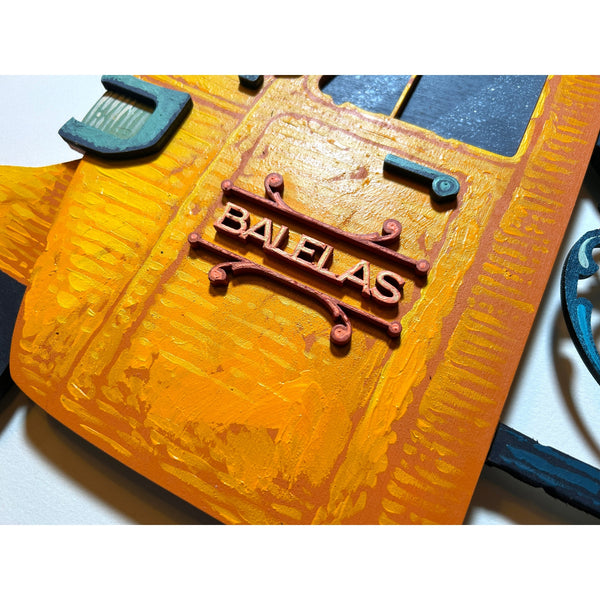 Detailed view of the original acrylic painting on layered wood "Balelas" by Mário Belém, highlighting the intricate hand-painted typography and the depth of the overlapping wood layers.