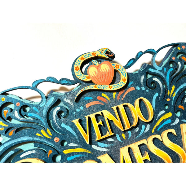 Detailed view of the original acrylic painting on layered wood "Balelas" by Mário Belém, highlighting the intricate hand-painted typography and the depth of the overlapping wood layers.