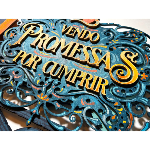 Detailed view of the original acrylic painting on layered wood "Balelas" by Mário Belém, highlighting the intricate hand-painted typography and the depth of the overlapping wood layers.