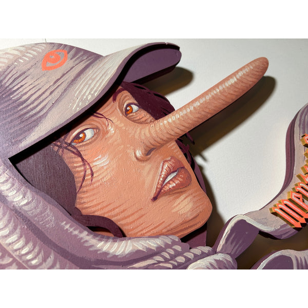Detailed view of the original acrylic painting on layered wood "Baseado em factos verídicos" by Mário Belém, showcasing the hand-painted typography, the intricate illustrations across different wood levels, and the vibrant storytelling elements.