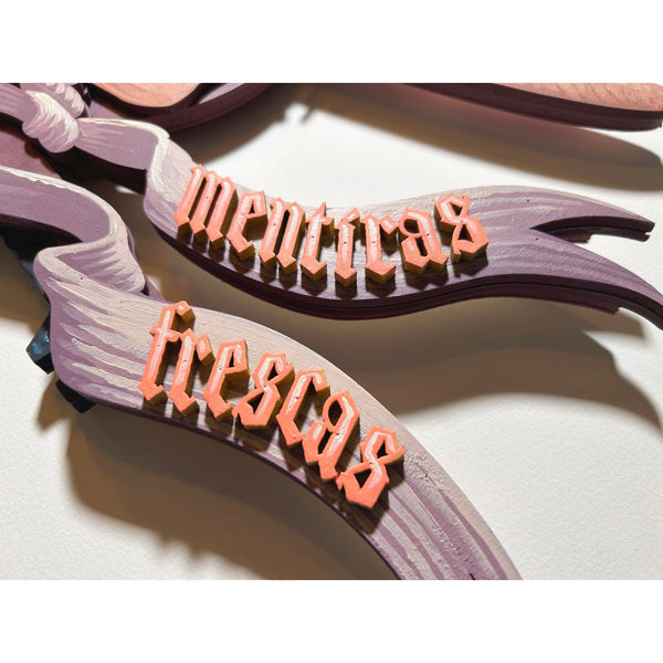 Detailed view of the original acrylic painting on layered wood "Baseado em factos verídicos" by Mário Belém, showcasing the hand-painted typography, the intricate illustrations across different wood levels, and the vibrant storytelling elements.