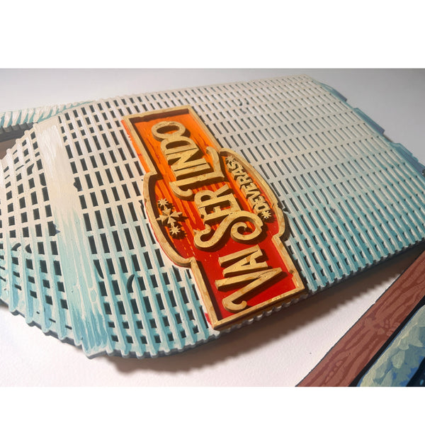 Detailed view of the original acrylic painting on layered wood "Certo & Sabido" by Mário Belém, highlighting the bold hand-painted typography, the intricate graphic elements, and the depth of the overlapping wood layers.