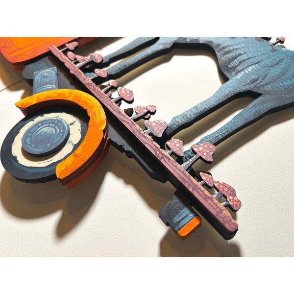Detailed view of the original acrylic painting on layered wood "Remédios sem receitas" by Mário Belém, highlighting the intricate hand-painted typography, the vibrant graphic elements, and the depth of the overlapping wood layers.
