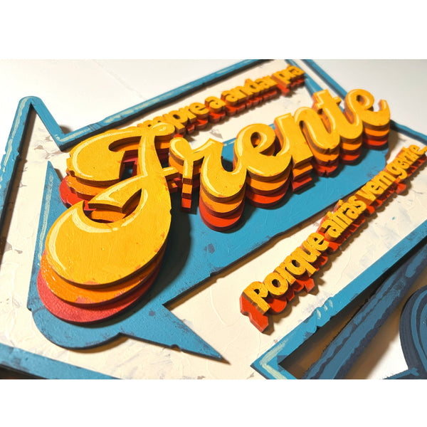 Close-up detail of the original acrylic painting 'Siga' by Mário Belém, highlighting the precision of the hand-painted typography, the vibrant contrast between the colors, and the distinct relief of the laser-cut wood layers at Because Art Matters gallery.