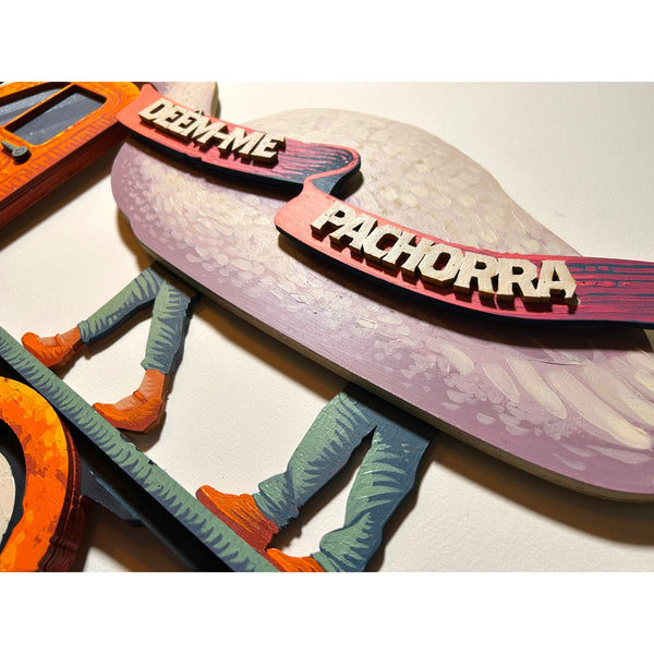 Detailed view of the original acrylic painting on layered wood "Valha-me tudo" by Mário Belém, highlighting the intricate hand-painted typography, the depth of the overlapping wood layers, and the vibrant graphic details.