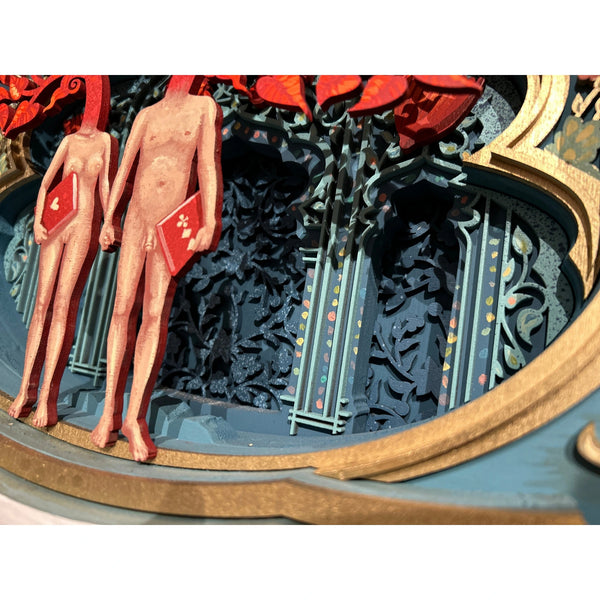 Detail view of Mário Belém artwork displaying carved archway layers and red painted interior scene