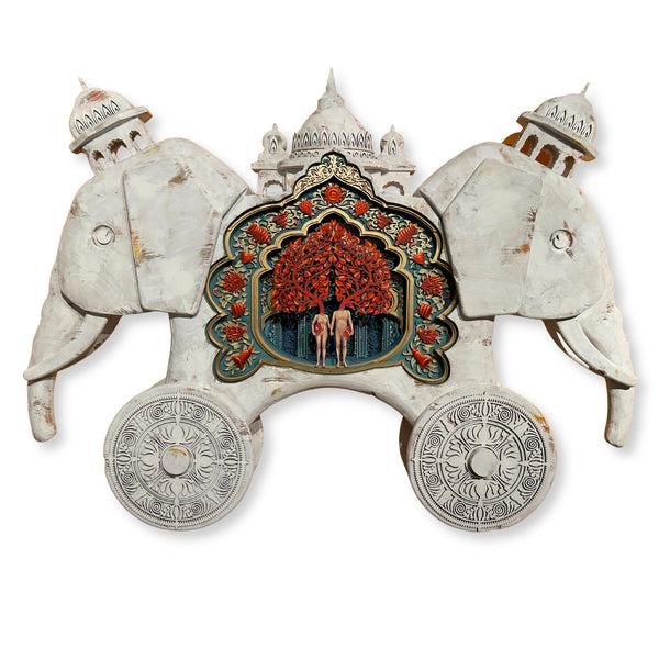 Mário Belém "Don’t tell me stories" original 3D wood sculpture featuring carved elephant temple architecture with painted figures