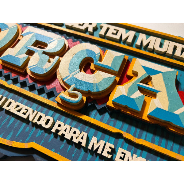 Detailed view of the original acrylic painting on layered wood "Força" by Mário Belém, showing the intricate hand-painted typography and the depth of the overlapping wood layers at Because Art Matters gallery.