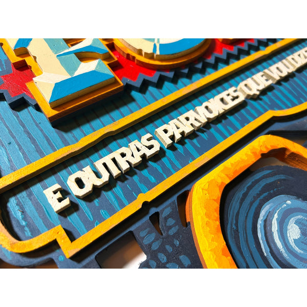 Detailed view of the original acrylic painting on layered wood "Força" by Mário Belém, showing the intricate hand-painted typography and the depth of the overlapping wood layers at Because Art Matters gallery.