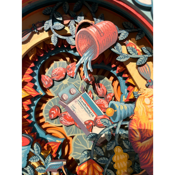 Close-up of Mário Belém artwork displaying detailed hand-painted figures and decorative folk patterns