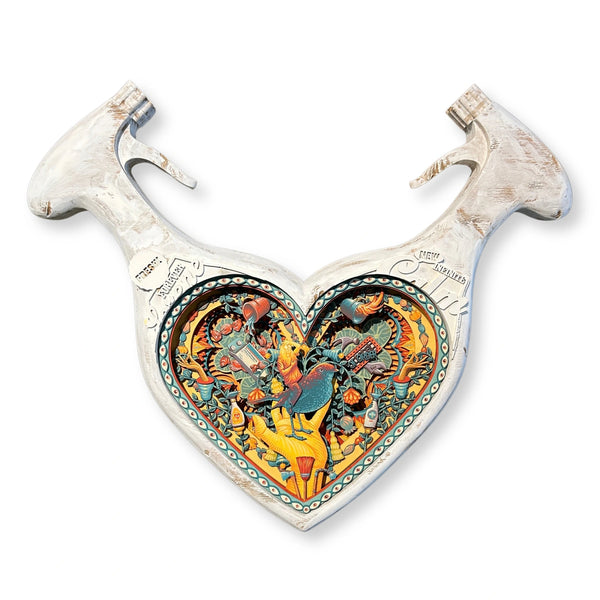 Mário Belém "Good Lord, grant me patience" original hand-carved wood sculpture featuring heart shape with colorful painted interior details