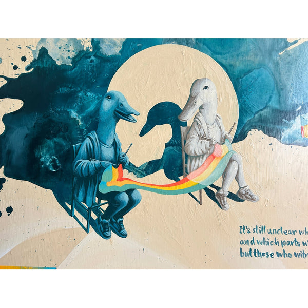 Detailed view of the original acrylic painting on wood panel "It's still unclear what" by Mário Belém, highlighting the intricate hand-painted typography, the enigmatic graphic storytelling, and the natural wood grain texture visible beneath the paint.