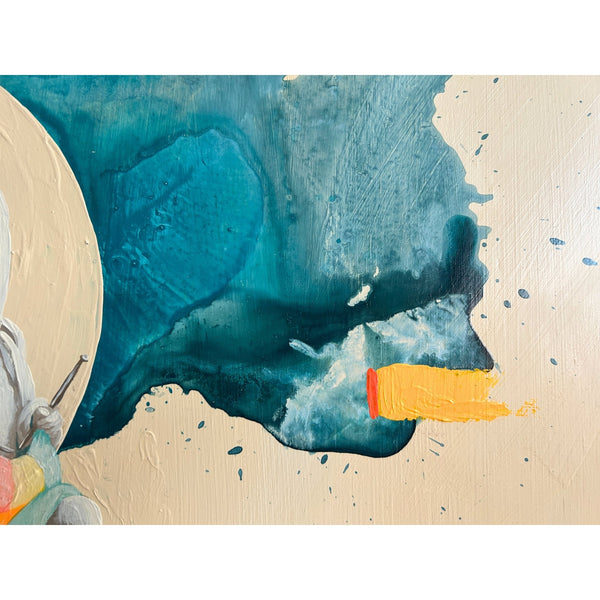 Detailed view of the original acrylic painting on wood panel "It's still unclear what" by Mário Belém, highlighting the intricate hand-painted typography, the enigmatic graphic storytelling, and the natural wood grain texture visible beneath the paint.