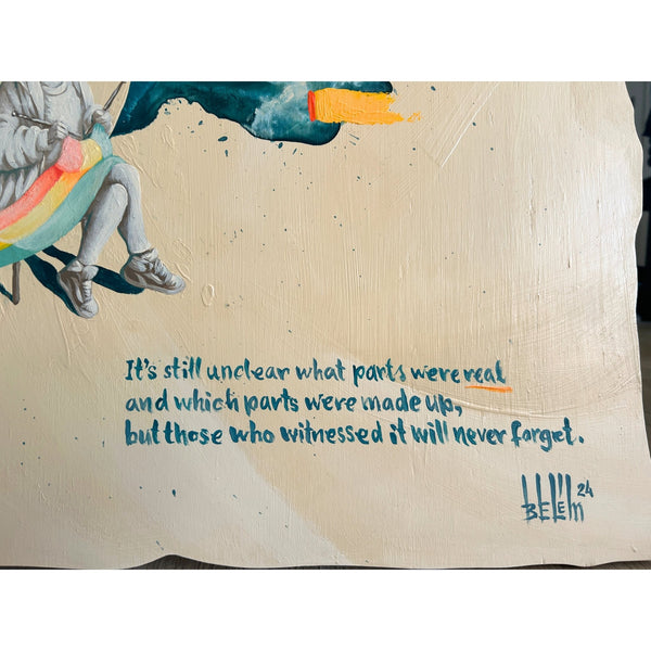 Detailed view of the original acrylic painting on wood panel "It's still unclear what" by Mário Belém, highlighting the intricate hand-painted typography, the enigmatic graphic storytelling, and the natural wood grain texture visible beneath the paint