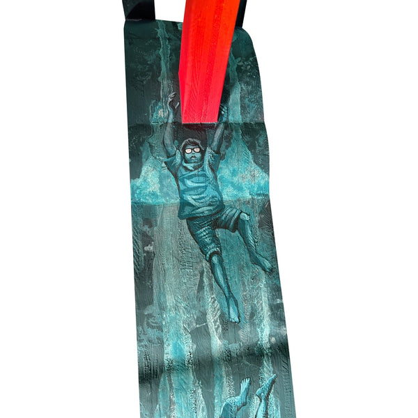 Detailed view of the original acrylic painting on shaped wood sculpture "Lately I have been dreaming of unicorns" by Mário Belém, highlighting the custom-cut silhouette and the vibrant graphic elements on the wood surface.