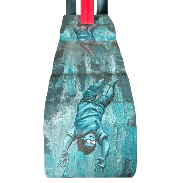 Detailed view of the original acrylic painting on shaped wood sculpture "Lately I have been dreaming of unicorns" by Mário Belém, highlighting the custom-cut silhouette and the vibrant graphic elements on the wood surface.