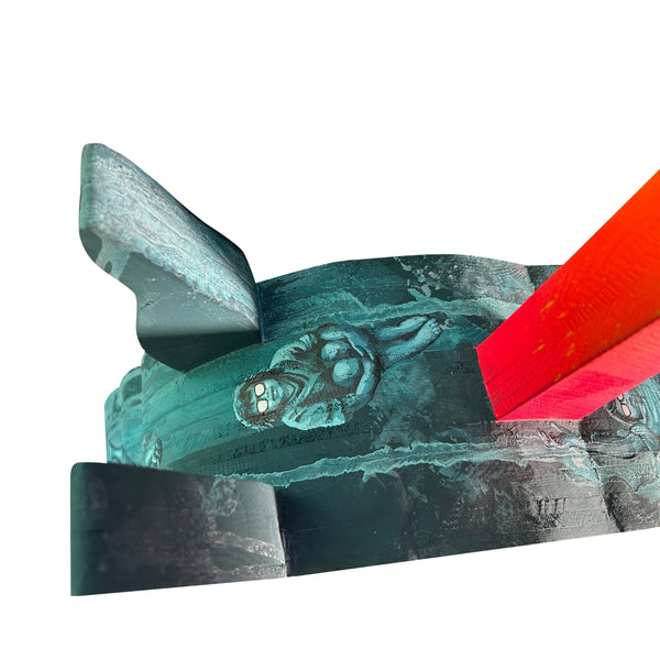 Detailed view of the original acrylic painting on shaped wood sculpture "Lately I have been dreaming of unicorns" by Mário Belém, highlighting the custom-cut silhouette and the vibrant graphic elements on the wood surface.