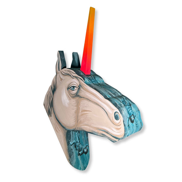 Original acrylic painting on shaped wood sculpture "Lately I have been dreaming of unicorns" by Mário Belém available at Because Art Matters gallery.