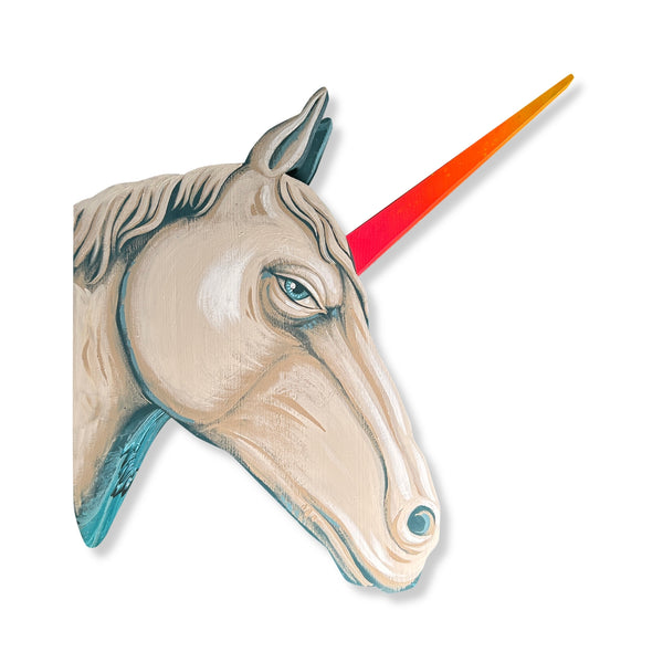 Original acrylic painting on shaped wood sculpture "Lately I have been dreaming of unicorns" by Mário Belém available at Because Art Matters gallery.