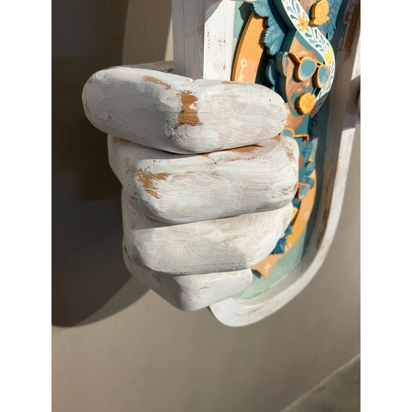 Mário Belém "Good Lord, grant me patience" original 3D wood sculpture featuring hand-carved wishbone shape with intricate interior painting