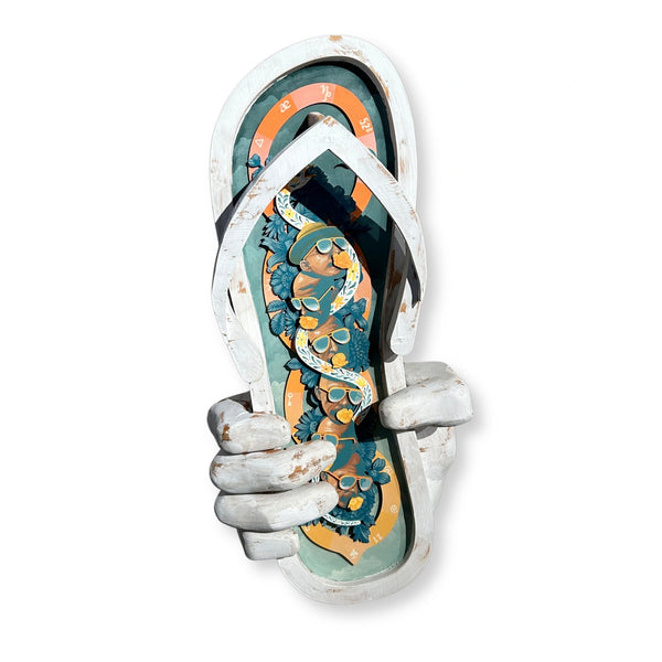 Mário Belém "Not another word" original 3D wood sculpture featuring hand-carved flip-flop held by hands with colorful patterns