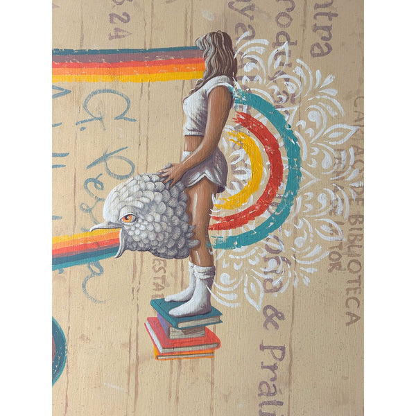 Detailed view of the original acrylic painting on wood "This life is nothing more than" by Mário Belém, showcasing the intricate hand-painted typography, the complex graphic storytelling elements.