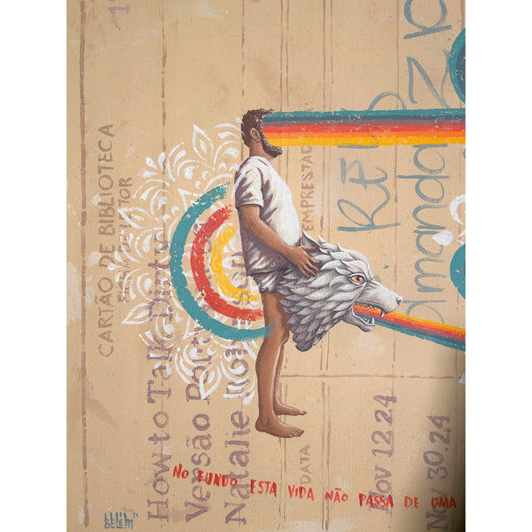 Detailed view of the original acrylic painting on wood "This life is nothing more than" by Mário Belém, showcasing the intricate hand-painted typography, the complex graphic storytelling elements.