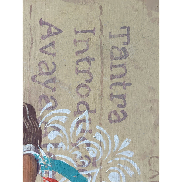 Detailed view of the original acrylic painting on wood "This life is nothing more than" by Mário Belém, showcasing the intricate hand-painted typography, the complex graphic storytelling elements.