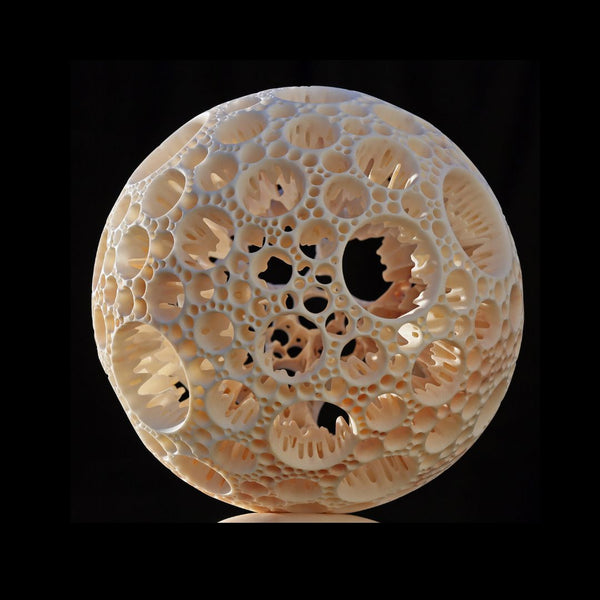 Matthias Contzen "PLANET ROSE" original handcrafted Portuguese marble sculpture featuring a spherical porous texture