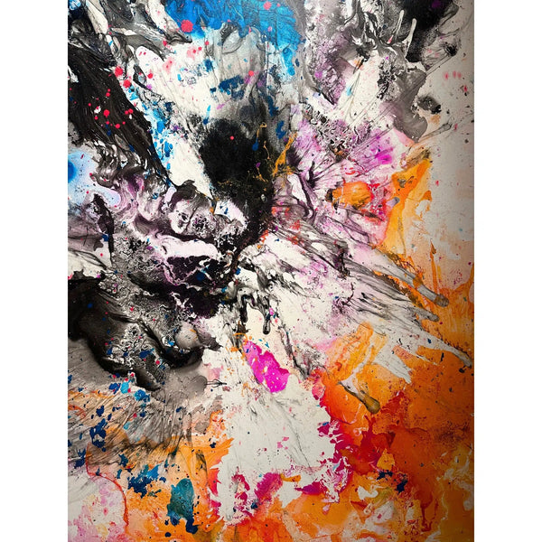 Close-up detail of the energetic brushstrokes and mythical character layers in "There is always another dragon" by RAM.