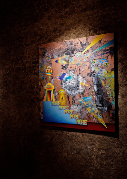 Original painting 'Never enough' by Ram x Dadara. Acrylic on canvas, available at Because Art Matters gallery. Collaborative contemporary artwork merging the artists' signature graffiti-influenced and symbolic visual languages.