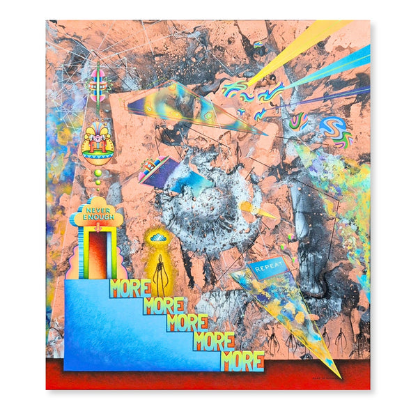 Original painting 'Never enough' by Ram x Dadara. Acrylic on canvas, available at Because Art Matters gallery. Collaborative contemporary artwork merging the artists' signature graffiti-influenced and symbolic visual languages.